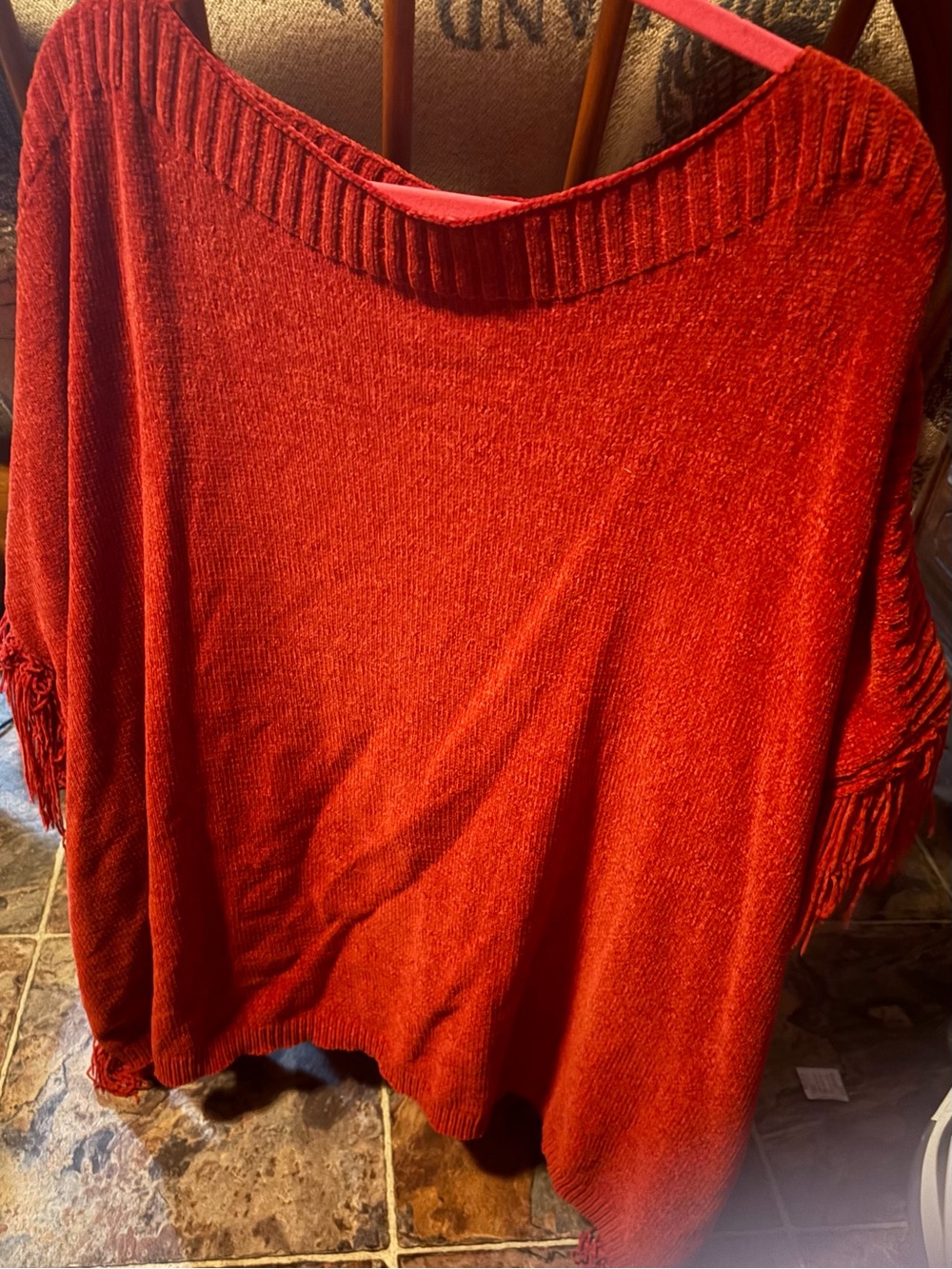 Red Fringe Knit Women's Poncho  - L Love 1x/2x